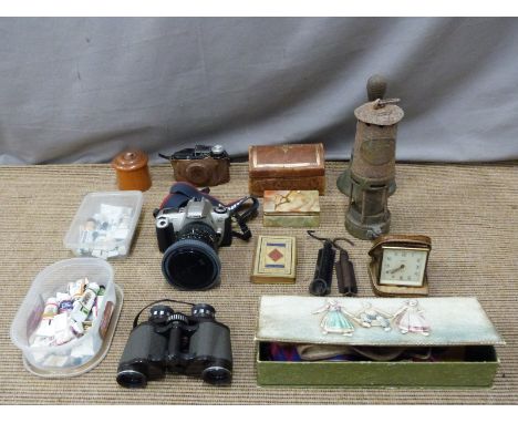 Thomas and Williams Aberdare miner's lamp, hand bell, treen string box, leather casket, spring scales, GWR and LMS buttons, C