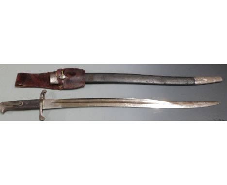 British 1856/58 pattern sword bayonet Gebruder Weyersberg makers, 58cm fullered yataghan blade, scabbard and frog&nbsp;