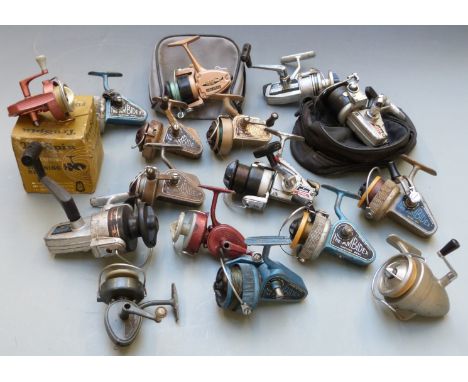 Sixteen vintage fixed spool fishing reels including Daiwa, many Ambidex of various models, Roddy, Ryobi, Tru-Spin, Omnia etc