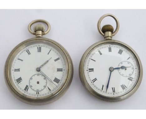 Two British Railways Midland region keyless winding open faced pocket watches, both with subsidiary seconds dial, black Roman