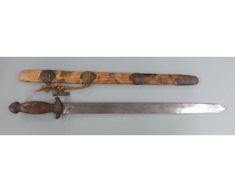 Oriental short sword, with carved wooden handle, metal fittings and scabbard, blade length 45cm,