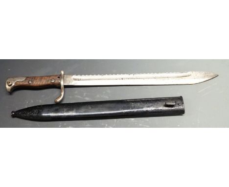 German 1898/05 pattern sawback bayonet, early type with part muzzle ring and no flashguard, 37cm sawback fullered blade, with