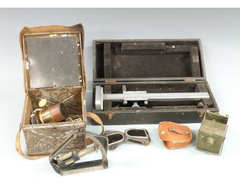 Taylor and Hobson MK V military clinometer, military signalling lamp, lens, metal box and a large Shardlow micrometer in case