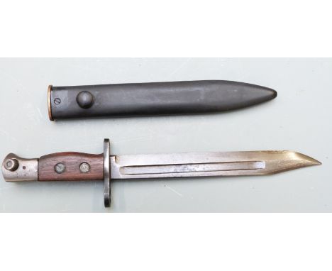 British No8 pattern knife bayonet with shaped wooden grips, 20cm fullered 'bowie' style blade and scabbard