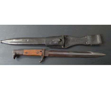 German KS98 pattern bayonet with wooden grips, 25cm fullered blade, scabbard stamped 18826 and frog