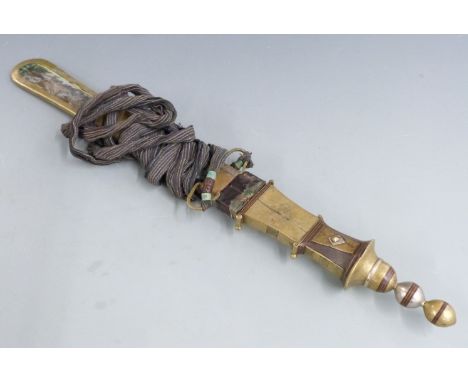 A 19thC African tribal Tuareg or Berber&nbsp;short sword or dagger with white metal and brass hilt in similarly decorated sca