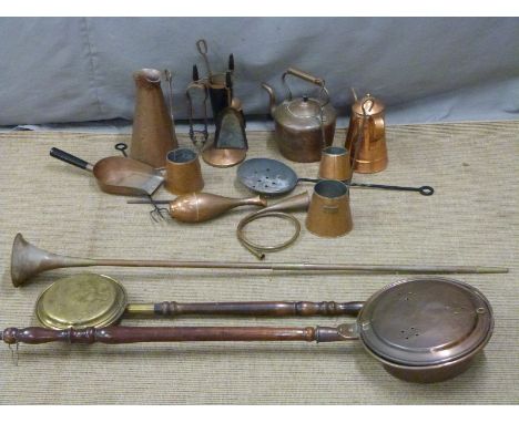 Copper scuttle, bed pan, kettles, jugs, hunting horn etc