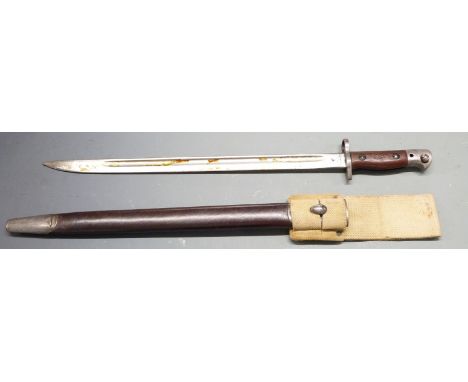 British 1907 pattern sword bayonet, some clear stamps, Wilkinson to 43cm fullered blade, with scabbard and frog