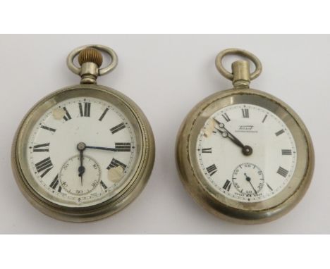 Two London North Eastern Railway keyless winding open faced pocket watches, one Tissot, both with subsidiary seconds dial, bl