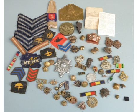 British Army cap badges and rank insignia including Devonshire Regiment, Border Regiment and Prince of Wales Volunteers toget