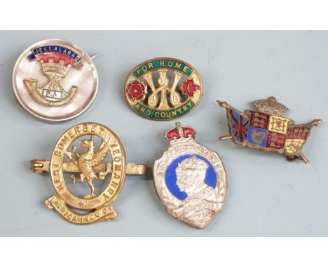 British Army Somerset Light Infantry sweetheart brooch, West Somerset Yeomanry lapel badge and three further metal and enamel