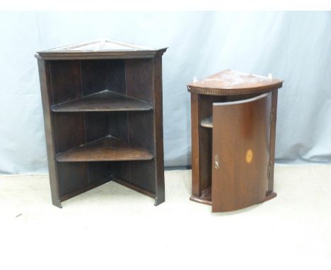 An inlaid mahogany bow fronted hanging corner cupboard W50 H67cm and a corner shelf unit