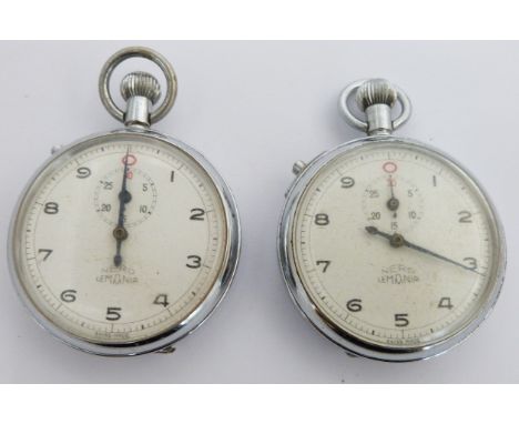 Two British Railways Western region Lemania Nero stopwatches, both with subsidiary dials, black numerals and white dial, the 