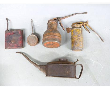 A quantity of tools including vintage oil cans, funnels, address stamp for 4 The Avenue, Farnham Common, Bucks etc