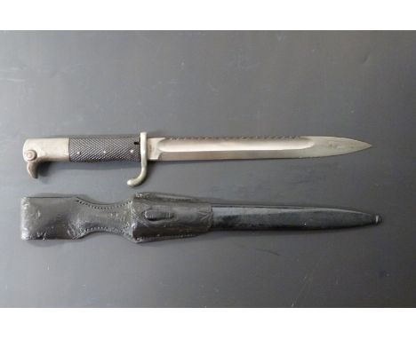 German KS98 pattern sawback blade bayonet with Erfurt maker's mark to ricasso, 25cm sawback fullered blade, scabbard and frog
