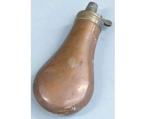 Copper and brass pistol or revolver powder flask, 12cm long. 