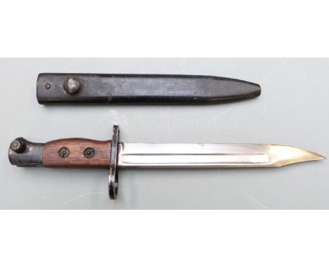 British No5 Mk1 pattern knife bayonet with large muzzle ring, 20cm 'bowie' style blade and scabbard