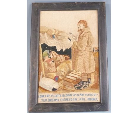 Framed World War One interest tapestry depicting trench life for two 'tommies'