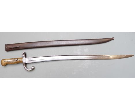 Dutch 1873 pattern sword bayonet with brass grips, long spring, 6811 to downswept quillon and PDL makers stamped to 57cm full