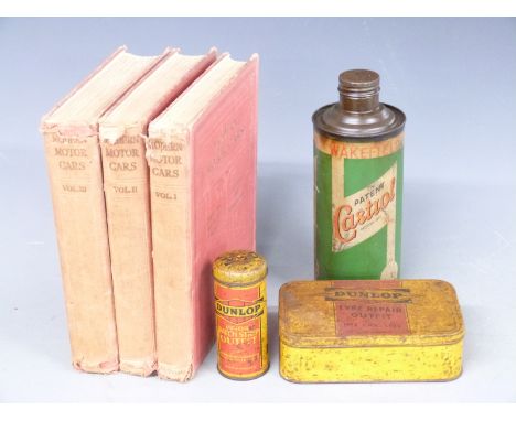 Three classic/vintage car tins including Castrol XL and Dunlop together with a set of three modern motorcar books