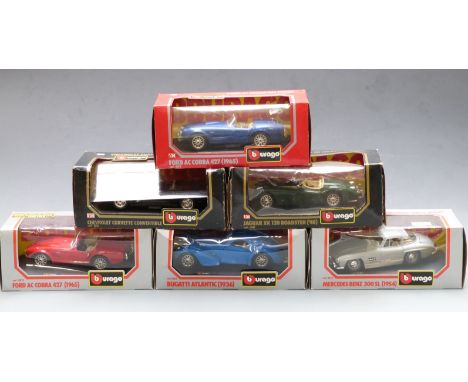 Six Burago 1:24 scale diecast model vehicles comprising Mercedes-Benz 300 SL (1954), two Ford AC Cobra 427 (1965), Bugatti At