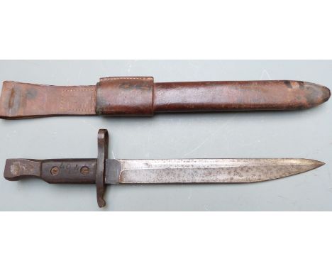 Canadian M1910 pattern knife bayonet with clear stamps to pommel, 25cm unfullered sharpened blade, stamped scabbard and integ