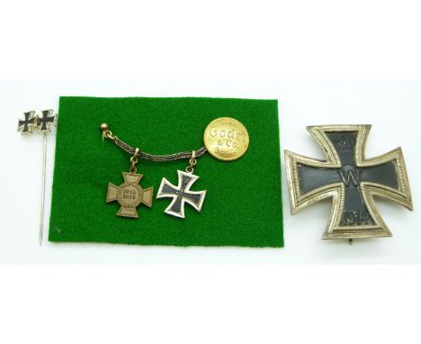 German WWI Iron Cross First Class 1914 medal, BH Mayer maker, together with miniatures and stick pin