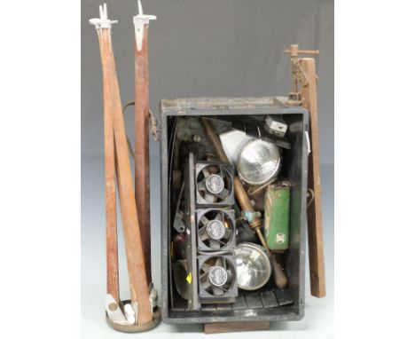 A collection of motoring items including spotlights, indicators, tools, AA badge, Stilson, clamp, boxer fan