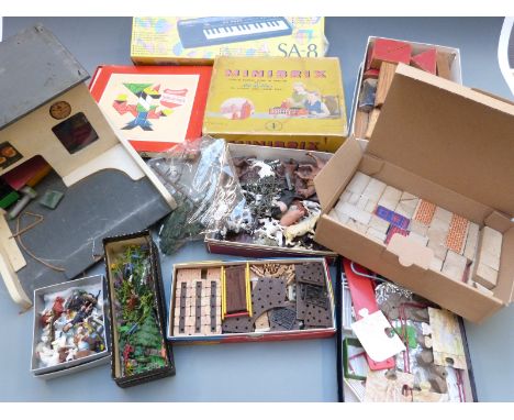 A collection of various toys including Casio SA-8 keyboard, Minibrix, farm animals, wooden diecast model car garage etc, some