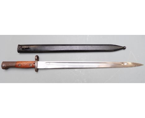 Portuguese 1904 pattern bayonet with wooden grips, 38.5cm fullered blade and scabbard&nbsp;