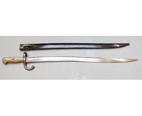 French 1866 pattern chassepot bayonet with downswept quillon, some clear stamps/marks, 57cm fullered yataghan blade and scabb