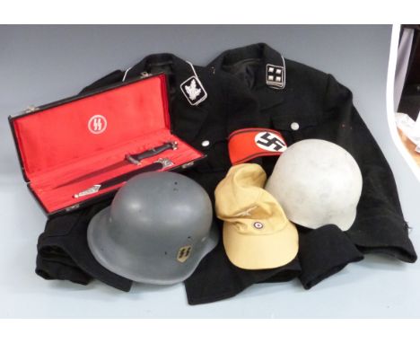 Quantity of reproduction German WWII helmets, uniform and cased dagger