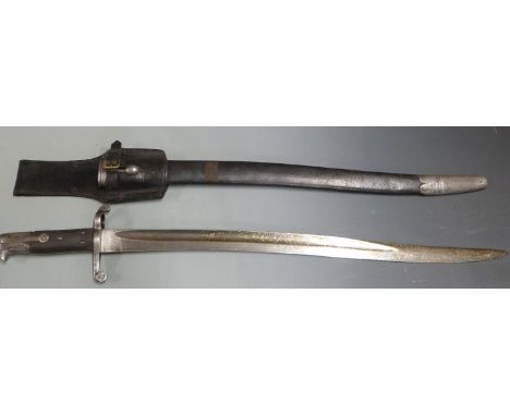 British 1856/58 pattern sword bayonet with some clear stamps, 58cm fullered yataghan blade, scabbard and frog&nbsp;