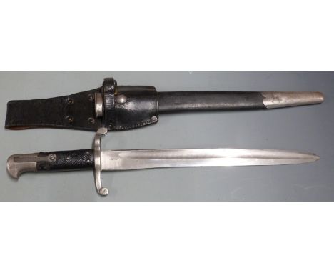 British 1860 pattern bayonet, with some clear marks to ricasso,&nbsp;shortened 33cm blade, with scabbard and frog
