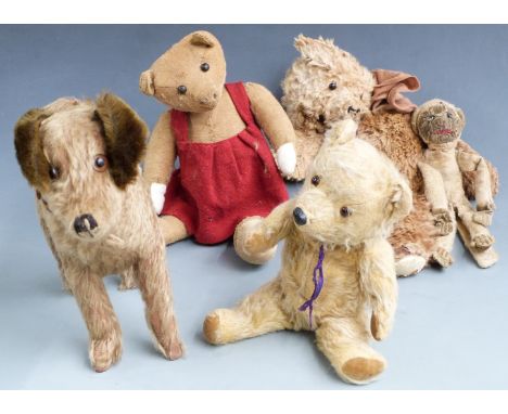 Five vintage Teddy bears including a dog with leather collar, felt faced monkey, leather bodied doll etc, largest 38cm tall.