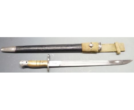 British 1913 pattern sword bayonet,&nbsp;clean&nbsp;stamps to ricasso, with brass grips, 38cm fullered blade, scabbard and fr