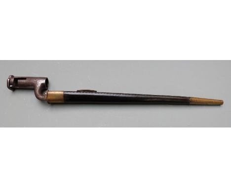 British 1840 pattern Constabulary carbine socket bayonet stamped 53 BPS to socket, with 33cm blade and scabbard