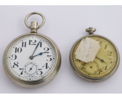 Two London Midland and Scottish railway keyless winding open faced pocket watches each with subsidiary seconds dial, black Ar