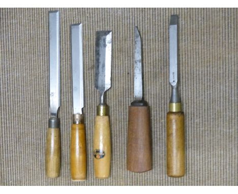 Five vintage woodworking&nbsp;chisels including named example for Marples, Sheffield