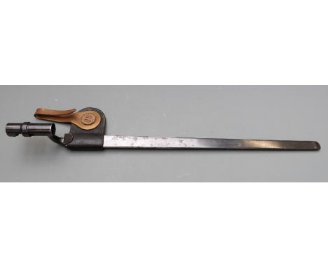 American 1873 pattern socket bayonet stamped to 45.5cm blade, with scabbard and brass belt clip