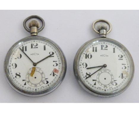 Two British Railways Midland region Recta keyless winding open faced pocket watches, both with subsidiary seconds dial, black