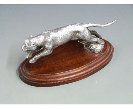 Leaping jaguar or similar big cat vintage car mascot with fur detail, on oval wooden display base, overall length 19cm