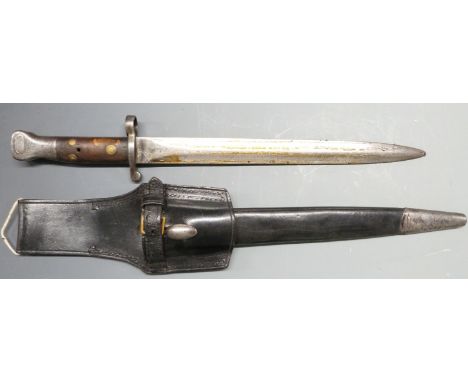 British 1888 pattern bayonet Mk 1 first type with grip plates secured by three rivets, blade length 29cm, with scabbard and f