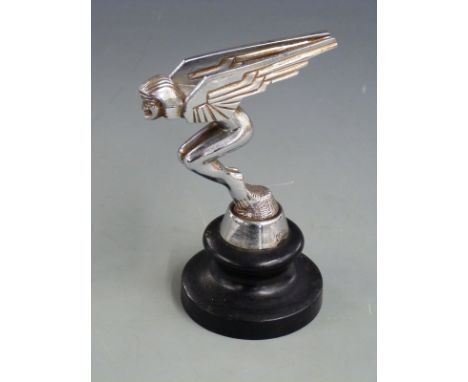 Art Deco speed nymph vintage car mascot, marked to base Desmo, on ebonised stand, overall height 15cm