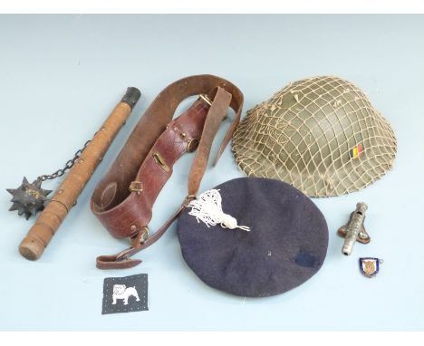 Steel helmet with Belgium Army decal together with Sam Brown belt etc