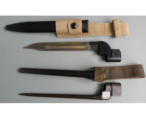 British No9 pattern bayonet with 20cm fullered blade, scabbard and frog together with a no 4 MKII example with 20cm spike bla