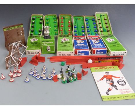 A collection of Subbuteo table soccer teams and accessories including Brazil, West Ham, Newcastle, England, Scotland etc most