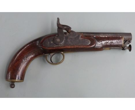 Percussion hammer action naval or coastguard's pistol with crown over VR cypher, crowned board arrow and 'Tower 1844' stamped