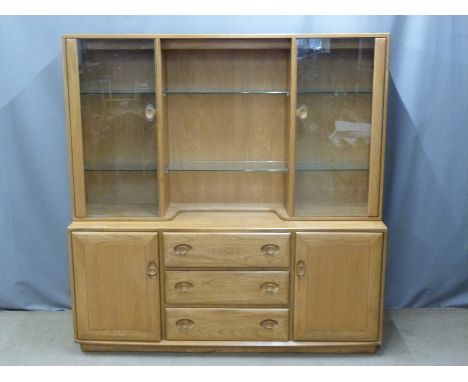 Ercol light elm dresser with removable glazed top, W156 D43 H159cm