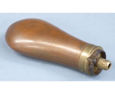 Copper and brass pistol or revolver powder flask, 11cm long. 